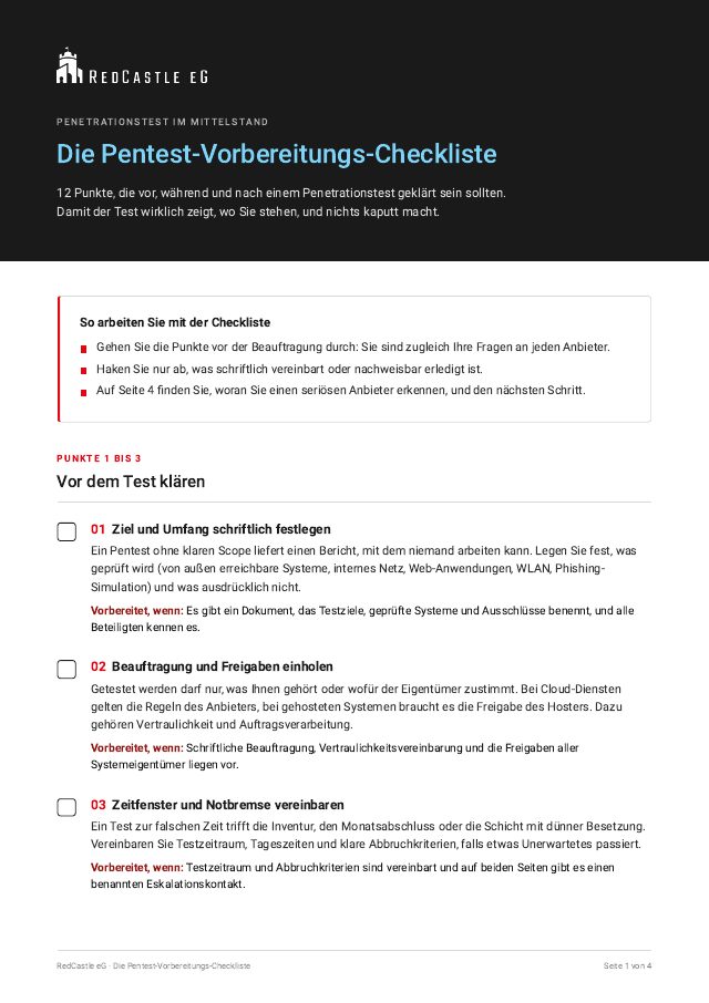 Vorschau: erste Seite der RedCastle Pentest-Vorbereitungs-Checkliste